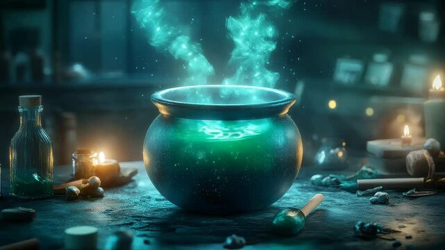 A mystical cauldron bubbling with green smoke, surrounded by candles and arcane ingredients in a dark setting.