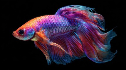 Fototapeta premium Beautiful Siamese fighting fish on dark background. Betta fish. Colorful fighting Siamese fish with beautiful silk tail isolated on black. Generative AI.