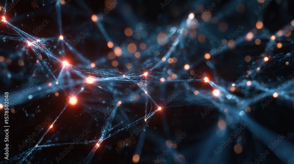 Poster abstract neural network with glowing nodes, symbolizing communication and connection in a digital wo
