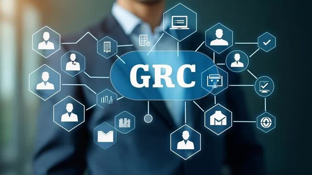 Flat Businessman Engaging with GRC Icons on Digital Interface: Governance, Risk Management, Compliance, Business Ethics in Organizational Management - Cute Vector Illustration