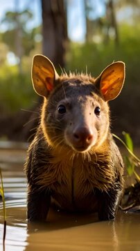 Adorable rat-kangaroo wallaby standing in shallow murky water, close-up portrait looking at the camera, wet fur, green forest backdrop, illuminated by golden sunlight