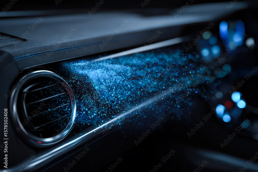 Poster digital data stream flowing through a modern vehicle dashboard