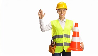 A person in a yellow hard hat and safety vest holds an orange traffic cone while signaling with a raised hand—symbolizing roadwork awareness, construction safety, and frontline diligence.