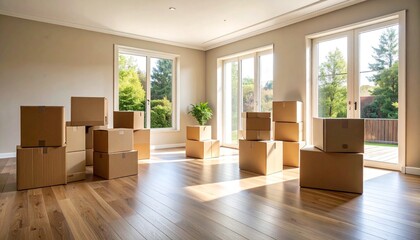 A softly lit room with light wood flooring and tall windows features scattered cardboard boxes and a small green plant—evoking transition, fresh starts, and the quiet rhythm of moving.