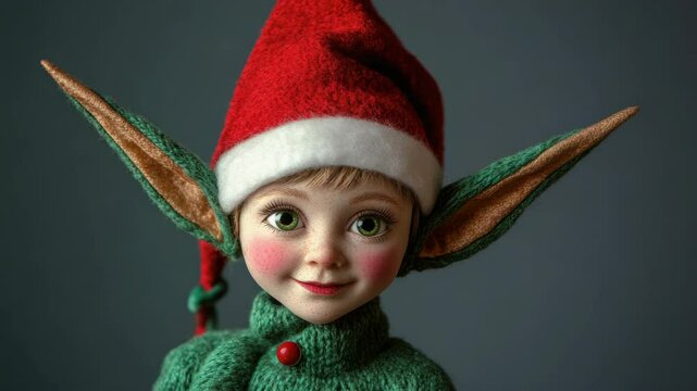 Doll wearing traditional elf outfit and santa hat, smiling. Elf has pointy ears, green sweater with festive details.