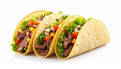 Three hard-shell tacos filled with savory ground meat, crispy bacon bits, and fresh lettuce, arranged in a row—highlighting flavor contrast, texture, and appetizing presentation