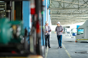 Industrial logistics professionals walking side by side outside a warehouse. Freight trucks are...