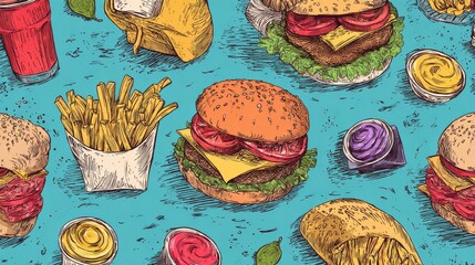 Fast food menu design and fast food hand drawn vector illustration. Cover of fast food menu or restaurant menu template, no logos, no brands