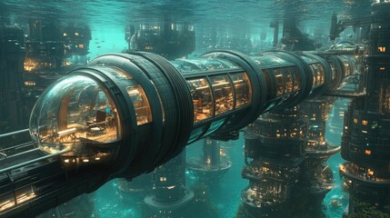 Underwater city with transparent tube transport