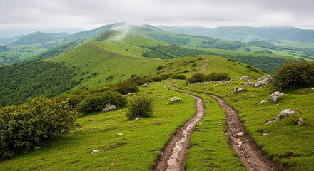 Serpentine dirt road winds through lush green hills under a cloudy sky, offering a scenic mountain vista.