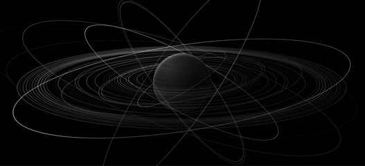 Minimalist black hole sphere surrounded by dynamic orbital rings on dark background. Abstract composition evokes concepts of physics, gravity, atomic structure, and futuristic space. Vector. © sersupervector