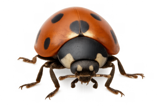 Ladybug walking, revealing red polka-dotted shell, tiny legs moving across pristine white surface, detailed exoskeleton gleaming