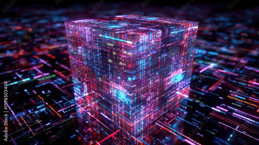 Poster a background consisting of a neon cube and data stream, generated using stock and incorporating elem