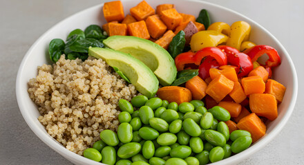 The image shows a nutritious bowl filled with quinoa, edamame, sweet potatoes, avocado, and mixed colorful bell peppers.
