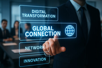 Businessman touches digital interface with global connection touching