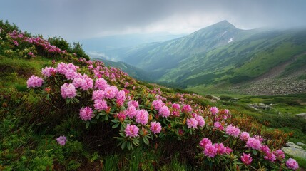 Pink rose rhododendron flowers on misty and cloudy morning summer mountain slope. Marmaros Pip Ivan Mountain, Carpathian, Ukraine., no logos, no brands