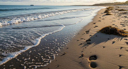 Footprints lead along a sandy beach as gentle waves roll in from the ocean under a bright sky.