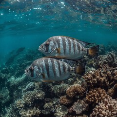 Obraz premium Colorful marine fish swimming gracefully around vibrant coral reef ecosystem.