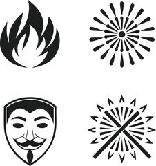 Fototapeta premium Fire, Fireworks, Anonymous Mask, and Prohibition Symbols Vector Icons