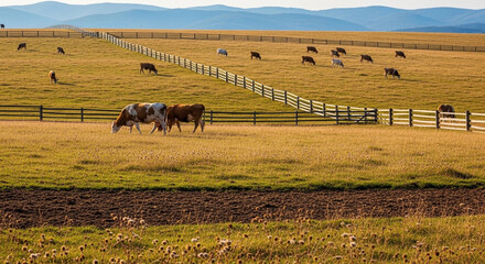 Cattle graze peacefully in a vast, fenced pasture under a serene sky, showcasing rural farmland tranquility.