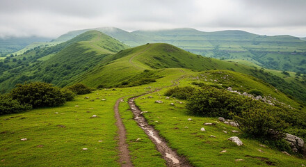 A winding dirt path leads across a lush green mountain ridge under a cloudy sky.
