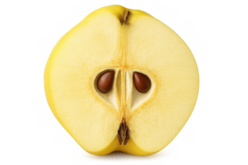 Halved quince displaying seeds and inner anatomy, translucent backdrop showcasing fruit's intricate internal details