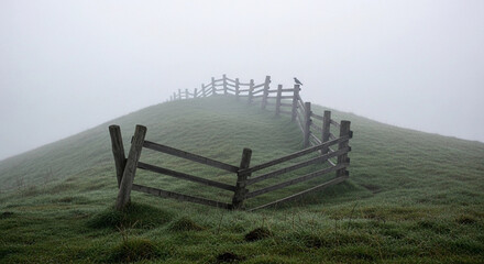 A wooden fence stretches across a grassy hill shrouded in dense fog, creating a serene and atmospheric scene.