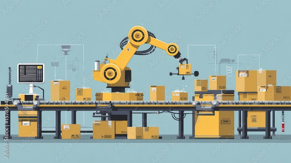 Poster robotic packaging conveyor belt. automated robotic conveyor belt for packaging of products in cardbo