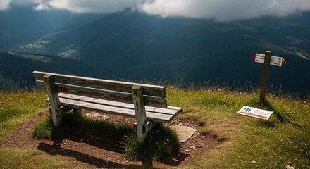 Serene mountain vista viewed from rustic wooden bench.