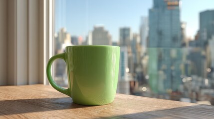 Sunlit green mug on kitchen counter with city view