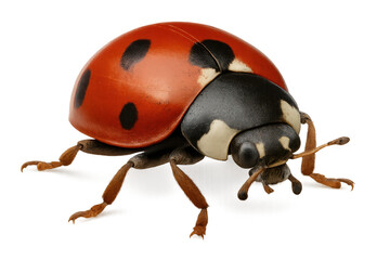Fototapeta premium Ladybug crawling, vibrant red shell gleaming against blurred green foliage backdrop