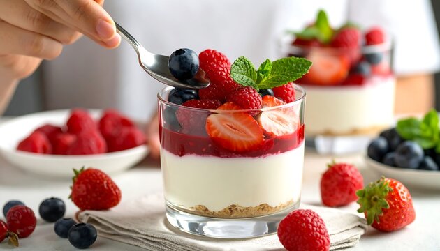 Hand adds berries to layered dessert