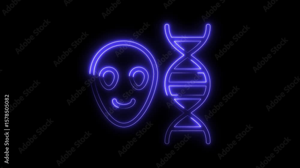 Poster neon alien face with smiling expression and dna strand animated glow effects
