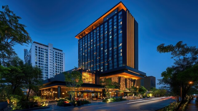Modern hotel at dusk
