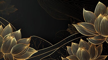 Luxury gold lotus background vector. Zen wallpaper collection with golden lotus line art. Design for yoga banner, Luxury cover design and invitation, invite, banner, Natural product packaging design.