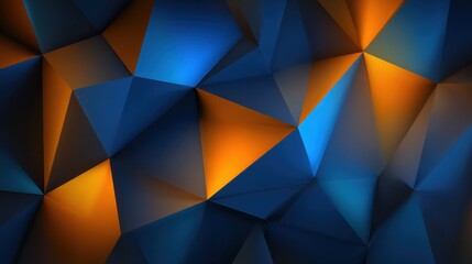 Fototapeta premium Abstract blue orange geometric futuristic technology texture with triangular 3d triangles shapes pattern wall background banner illustration, backdrop for design web, wallpaper