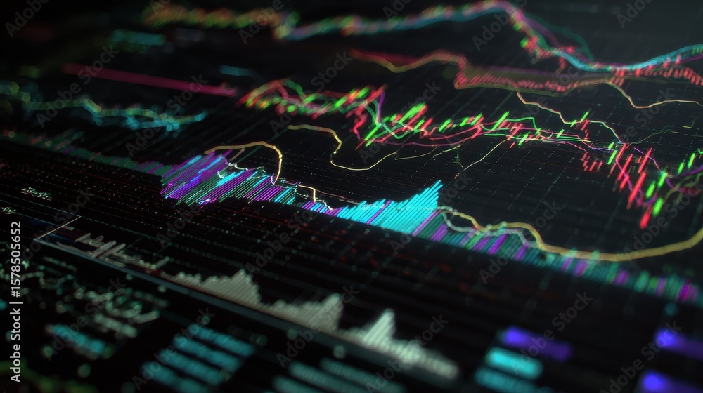 Poster futuristic digital display of colorful financial graphs, charts, and data visualizations in a dark e