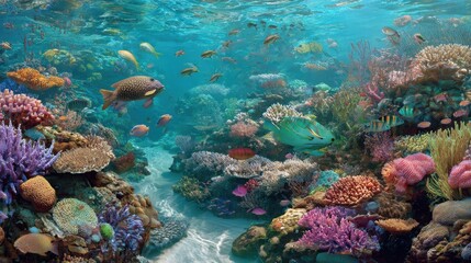 Obraz premium Tropical sea underwater fishes on coral reef. Aquarium oceanarium wildlife colorful marine panorama landscape nature snorkeling diving