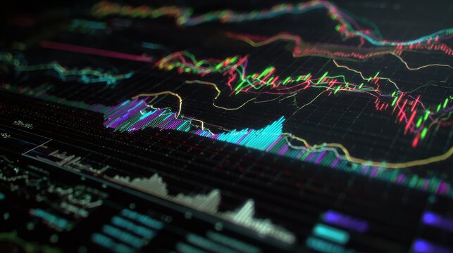 futuristic digital display of colorful financial graphs, charts, and data visualizations in a dark environment. The neon colors create a high-tech and analytical atmosphere
