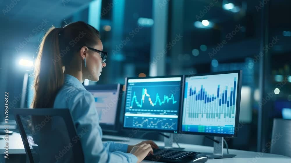 Poster a focused female data analyst working on multiple screens displaying graphs and charts in a dark, mo