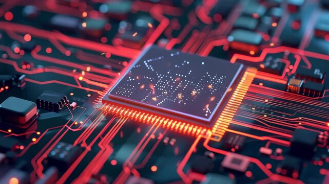 A close-up of a glowing red computer chip on a circuit board, representing technology and data.