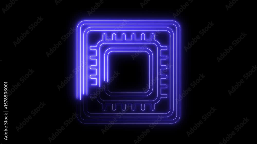 Poster glowing neon microchip animation with clean lines on black background represents future technology