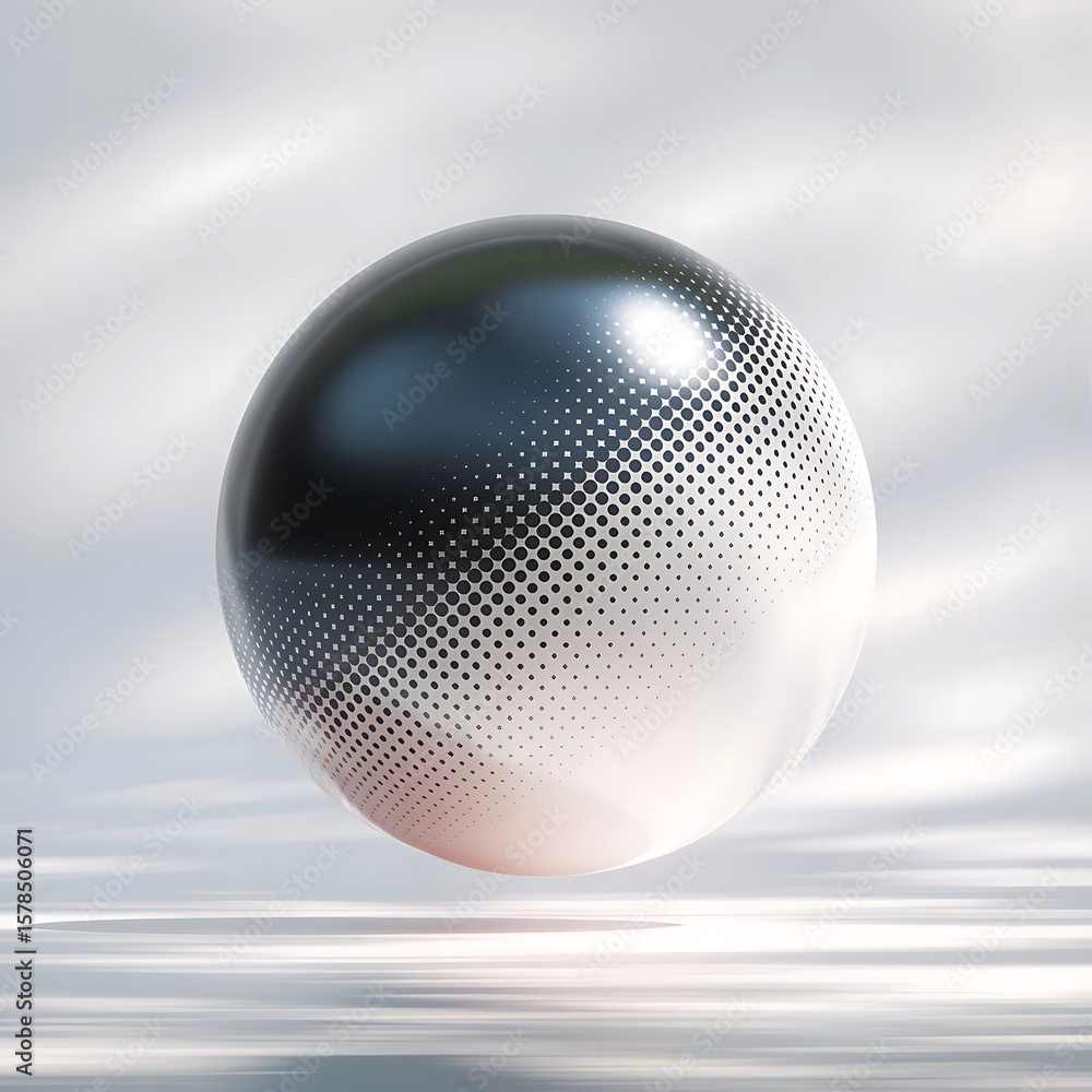 Poster a metallic sphere with a gradient texture floats against a soft white background.