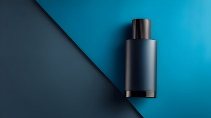 Dark Blue Bottle Still Life on Geometric Blue Background for Cosmetics or Beauty