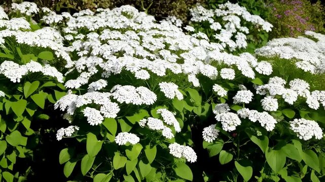 Dense evergreen candytuft blooms with many small white flowers, green foliage and sunlit petals forming a textured groundcover
