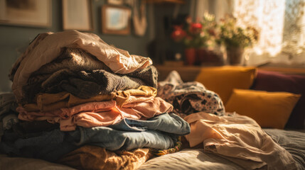Cozy bedroom with a pile of folded laundry and warm sunlight streaming through the window