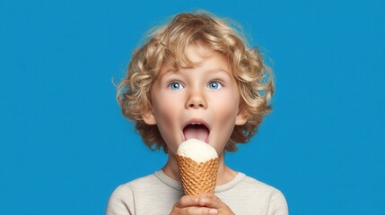 Cheerful kid eating ice cream in waffle cone isolated on blue. Generative AI.