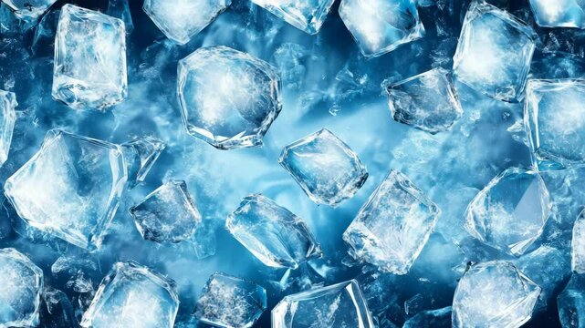 Ice Cubes Scattered on a Cold Blue Background.