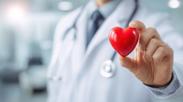 Cardiovascular disease doctor or cardiologist holding red heart in clinic or hospital exam room office for csr professional medical service, cardiology health care and world heart health day concept