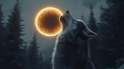 Wolf howling at nighttime sun eclipse